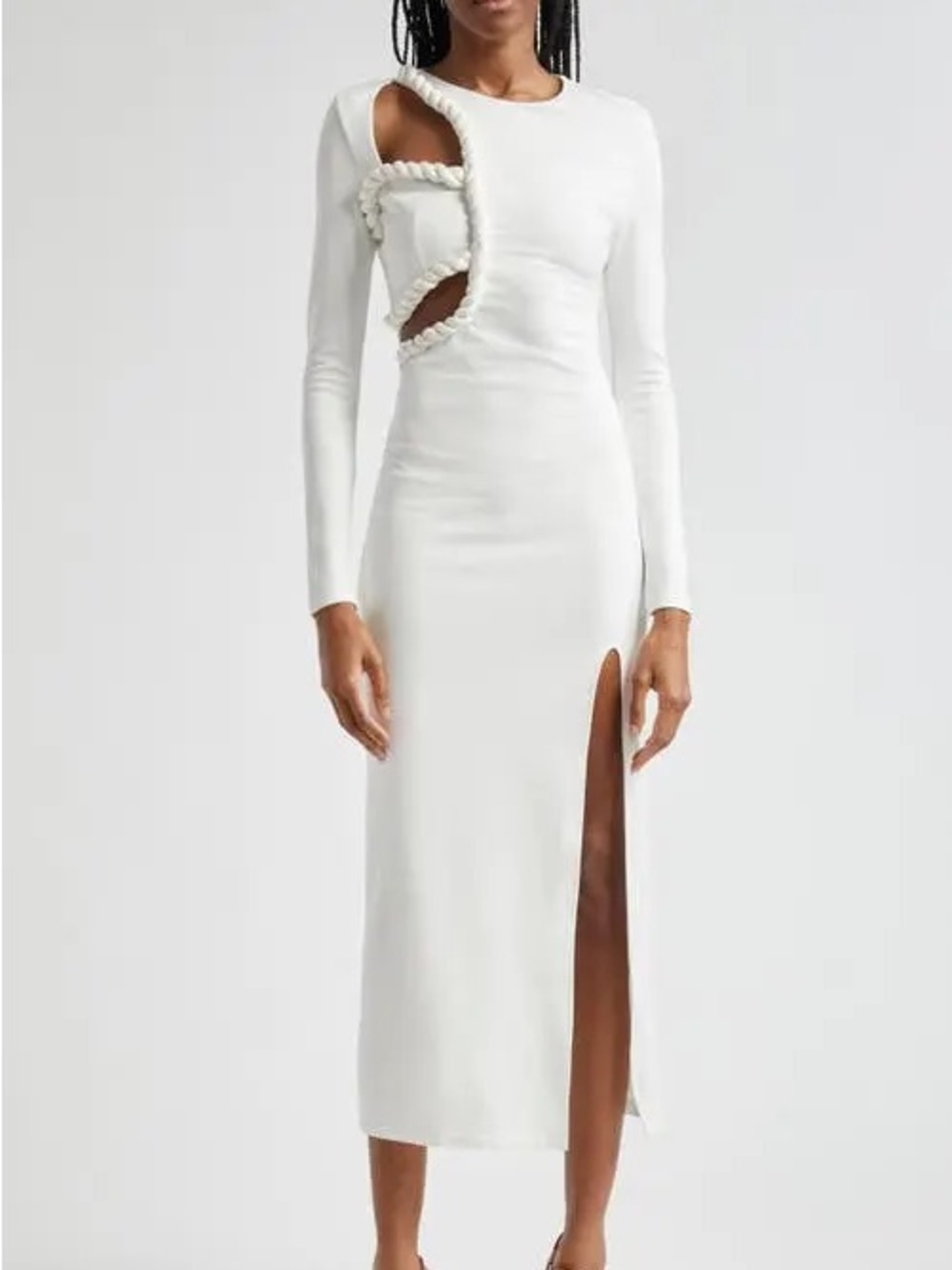 ELEXIAY Tife White Long Sleeve Rope Detail Cutout Maxi Slit Dress Size Small